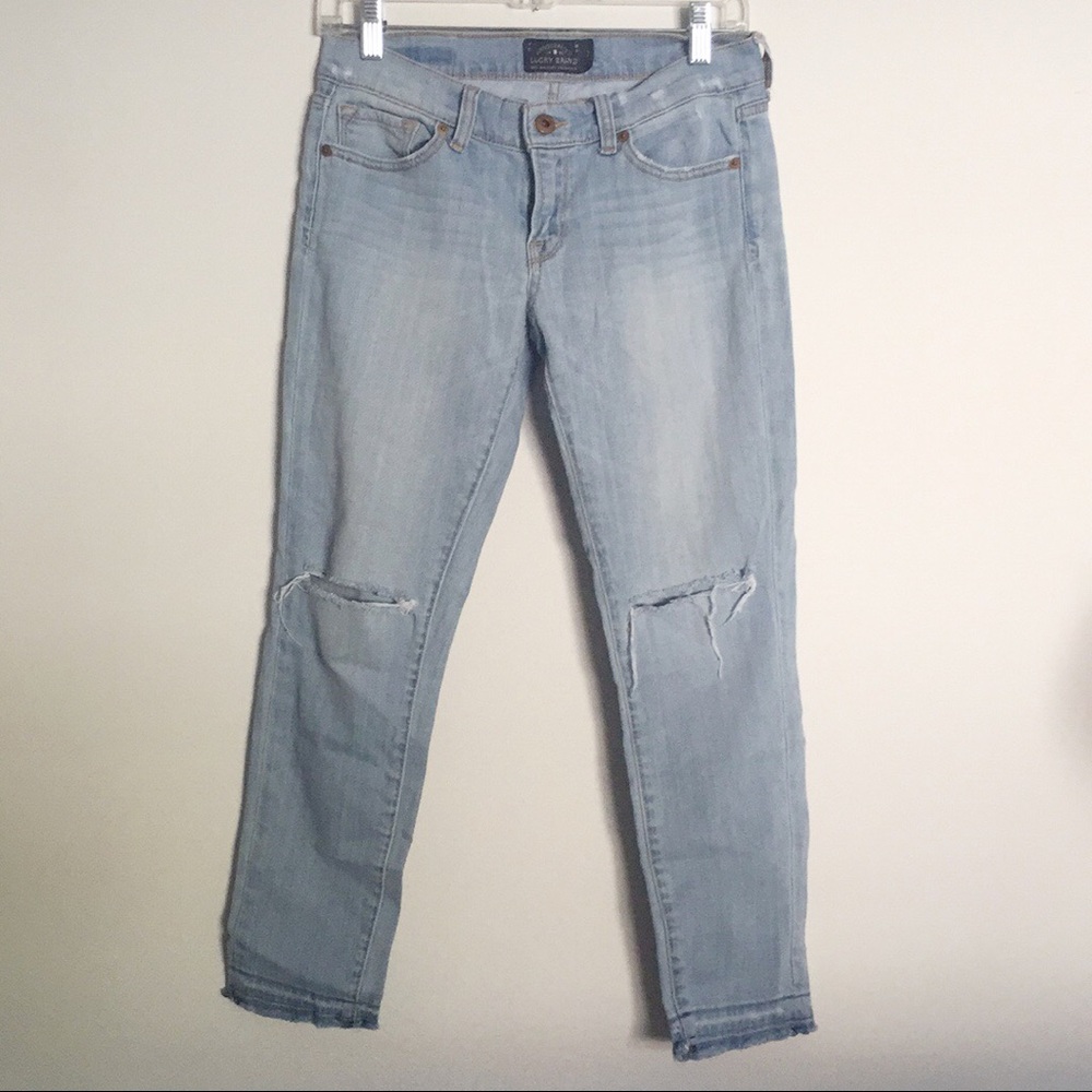 Lucky Brand Ava Mid Rise Light Wash Distressed Skinny Raw Hem Jean, Size 2